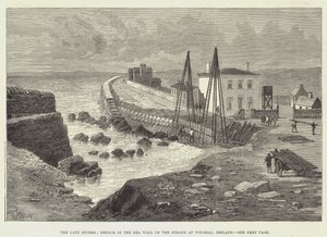Późne burze, wyłom w ścianie morskiej na Strand w Youghal w Irlandii autorstwa Thomas Harrington Wilson