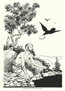 Eliasz karmiony przez kruki (litografia) autorstwa Thomas Heath Robinson