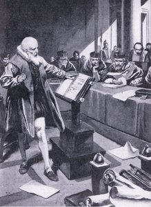 Galileusz występuje przed kardynałami w Rzymie, ilustracja z "Cassell