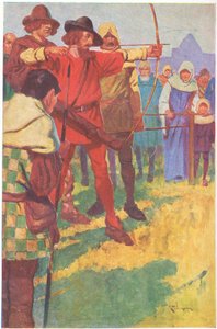 Ustawił swój łuk na krótką chwilę, a następnie zwolnił cięciwę (kolorowa litografia) autorstwa Thomas Heath Robinson