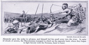 Jak Aleksander zdobył swoje imperium: Król Persji Dariusz zgromadził wielką armię, która została pokonana przez Macedończyków w 334 r. p.n.e., ok. 1950 r. (litografia) autorstwa Thomas Heath Robinson