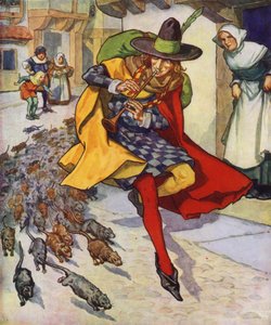 Ilustracja do filmu "The Pied Piper of Hamelin" (kolorowa litografia) autorstwa Thomas Heath Robinson