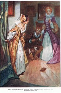 Maryja, odrzucając na bok gobelin, stała wpatrując się w nich oczami, które zdawały się błyskać ogniem (kolorowa litografia)