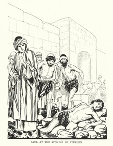 Saul podczas kamienowania Szczepana (litografia) autorstwa Thomas Heath Robinson