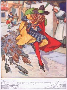 "Krok za krokiem podążali tańcząc" (kolorowa litografia) autorstwa Thomas Heath Robinson
