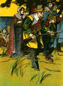 Ojcowie Pielgrzymi wkraczający do Nowego Świata (kolorowa litografia) autorstwa Thomas Heath Robinson