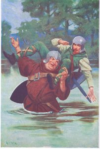 Szarpnięciem swoich wielkich dłoni posłał banitę do strumienia (kolorowa litografia). autorstwa Thomas Heath Robinson