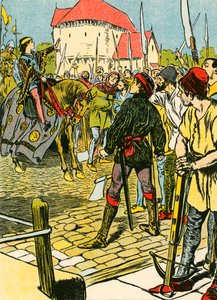 Młody król Ryszard tłumi bunt (kolorowa litografia) autorstwa Thomas Heath Robinson