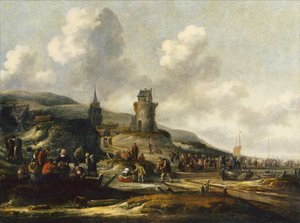 Widok na Scheveningen z rybakami sprzedającymi swój połów autorstwa Thomas Heeremans