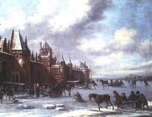Holenderska scena ujścia z łyżwiarstwem figurowym i zamkiem za nim