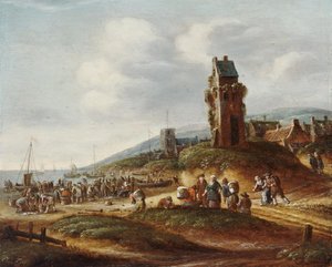 Rybacy rozładowują swoje połowy na plaży w pobliżu Egmond autorstwa Thomas Heeremans