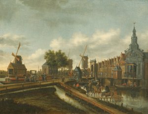 „Haarlemmer Poort” w Amsterdamie z postaciami na drodze i w łodziach (olej na płótnie)