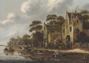 Brzeg rzeki z postaciami w łodziach wiosłowych i podróżnymi przed karczmą, za nią kościół autorstwa Thomas Heeremans