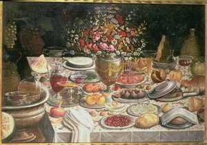 Martwa natura przy stole z jedzeniem, napojami i wazonem z kwiatami