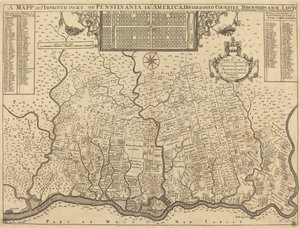 Mapa ulepszonej części Pensylwanii w Ameryce, z podziałem na hrabstwa, miasteczka i losy autorstwa Thomas Holme