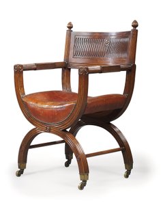 Późno wiktoriański fotel Mahogany X-Frame, przypisywany Marsh, Jones & Cribb, według projektu Thomasa Hope, ok. 1880 (mahoń)