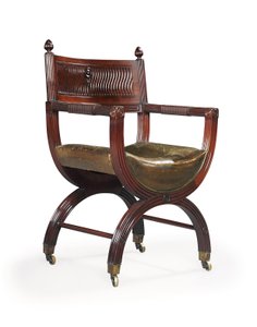 Późno wiktoriański fotel Mahogany X-Frame, przypisywany Marsh, Jones & Cribb, według projektu Thomasa Hope, ok. 1880 (mahoń)