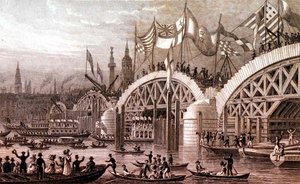 New London Bridge z Procesją Lorda Burmistrza przechodzącą pod Niedokończonymi Łukami, grawerowane przez Thomasa Highama (1796-1844) wyd. przez Jones & Co. Listopad 1828 (grawerowanie)