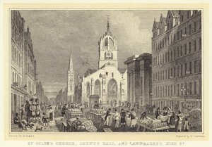 St Giles Church, County Hall i Lawnmarket, High Street (grawerowanie) autorstwa Thomas Hosmer (after) Shepherd