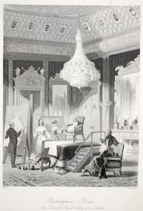 Pałac Buckingham - Księżniczka Królewska siedząca do portretu, z londyńskich wnętrz z ich kostiumami i ceremoniami pub. Joseph Mead, Londyn, ok. 1843 staloryt. autorstwa Thomas Hosmer Shepherd
