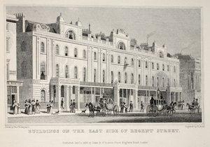 Budynki po wschodniej stronie Regent Street, z pubu „Londyn i jego okolice w XIX wieku”. Jones und Co., 1827-1829