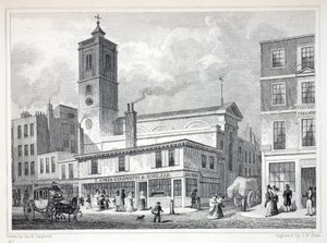 Kościół St Dionis, Backchurch, z pubu „Londyn i jego okolice w XIX wieku”. Jones und Co., 1827-1829 autorstwa Thomas Hosmer Shepherd