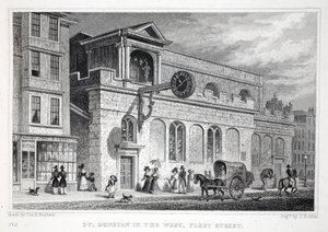 Kościół św. Dunstana, na zachodzie, Fleet Street, z pubu „Londyn i jego okolice w XIX wieku”. Jones und Co., 1827-1829 autorstwa Thomas Hosmer Shepherd