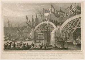Budowa mostu New London Bridge, 9 listopada 1827 r. autorstwa Thomas Hosmer Shepherd