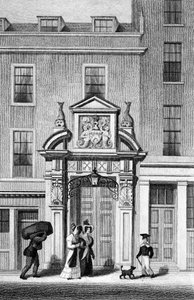 Hala handlarza rybami, Thames Street, grawerowany przez J. Greiga, ok. 1830 r. autorstwa Thomas Hosmer Shepherd
