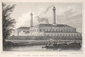 Gazownia, niedaleko Kanału Regentów, z pubu „Londyn i jego okolice w XIX wieku”. Jones und Co., 1827-1829 autorstwa Thomas Hosmer Shepherd