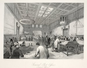 General Post Office, Inland Office, z pubu „London Interiors with your Costumes and Ceremonies”. Joseph Mead, Londyn, c.1843 (rycina stalowa) autorstwa Thomas Hosmer Shepherd