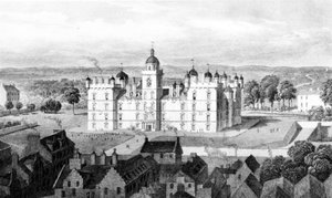 Szpital Heriota, ze Wzgórza Zamkowego, ryty przez Williama Watkinsa, ok.1830 autorstwa Thomas Hosmer Shepherd