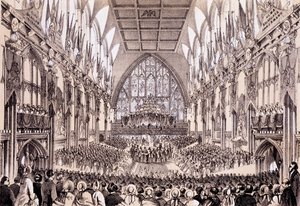 Wnętrze Guildhall - Lord Mayor i Korporacja prezentują swoje przemówienie do Cesarza i Cesarzowej Francji, 19 kwietnia 1855 r. autorstwa Thomas Hosmer Shepherd
