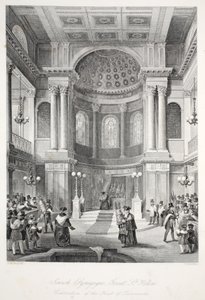 Synagoga żydowska, Great St Helens, z pubu „Londyńskie wnętrza z ich kostiumami i ceremoniami”. Joseph Mead, Londyn, c.1843 (rycina stalowa) autorstwa Thomas Hosmer Shepherd