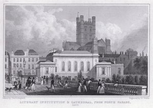 Instytucja Literacka i Katedra, z North Parade, Bath (rycina) autorstwa Thomas Hosmer Shepherd