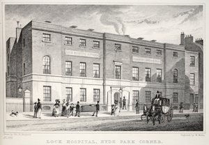 Lock Hospital, Hyde Park Corner, z pubu „Londyn i jego okolice w XIX wieku”. Jones und Co., 1827-1829 autorstwa Thomas Hosmer Shepherd