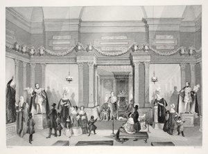 Wystawa figur woskowych Madame Tussaud z pubu „Londyńskie wnętrza z ich kostiumami i ceremoniami”. Joseph Mead, Londyn, c.1843 (rycina stalowa) autorstwa Thomas Hosmer Shepherd