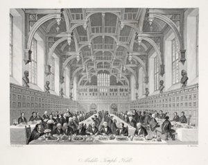 Sala Middle Temple, z pubu „London Interiors withich Costumes and Ceremonies”. Joseph Mead, Londyn, c.1843 (rycina stalowa) autorstwa Thomas Hosmer Shepherd