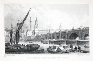 Old London Bridge, z Southwark, z pubu „Londyn i jego okolice w XIX wieku”. Jones und Co., 1827-1829 autorstwa Thomas Hosmer Shepherd