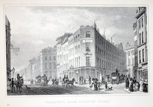 Piccadilly, z Coventry Street, z pubu „Londyn i jego okolice w XIX wieku”. Jones und Co., 1827-1829 autorstwa Thomas Hosmer Shepherd