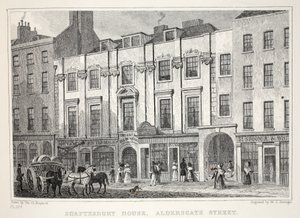 Shaftesbury House, Aldersgate Street, z pubu „Londyn i jego okolice w XIX wieku”. Jones und Co., 1827-1829 autorstwa Thomas Hosmer Shepherd