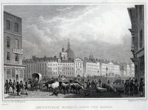 د بارز څخه د سمیټفیلډ مارکیټ، د توماس باربر لخوا نقاش شوی، c.1830 poli autorstwa Thomas Hosmer Shepherd