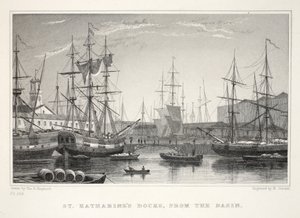 St Katherine Docks, z Basin, Tower, z Londynu i okolic w pubie z XIX wieku. Jones und Co., 1827-1829 autorstwa Thomas Hosmer Shepherd