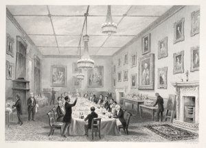 Dom kryty strzechą, z pubu „London Interiors with Your Costumes and Ceremonies”. Joseph Mead, Londyn, c.1843 (rycina stalowa) autorstwa Thomas Hosmer Shepherd