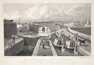 Podwójny dok i wschodnie wejście do tunelu Islington, kanału Regenta, z pubu „Londyn i jego okolice w XIX wieku”. Jones und Co., 1827-1829 autorstwa Thomas Hosmer Shepherd