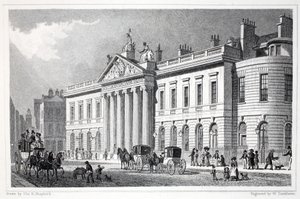 East India House, z pubu „Londyn i jego okolice w XIX wieku”. Jones und Co., 1827-1829 autorstwa Thomas Hosmer Shepherd
