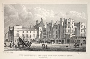 Parlament z Old Palace Yard, Westminster, z pubu „Londyn i jego okolice w XIX wieku”. Jones und Co., 1827-1829 autorstwa Thomas Hosmer Shepherd