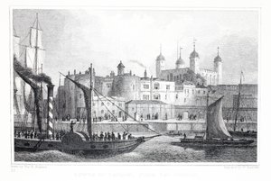 Tower of London, znad Tamizy, z pubu „Londyn i jego okolice w XIX wieku”. Jones und Co., 1827-1829 autorstwa Thomas Hosmer Shepherd