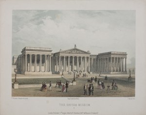 Widok na Muzeum Brytyjskie, z gośćmi spacerującymi na zewnątrz, 1854 autorstwa Thomas Hosmer Shepherd
