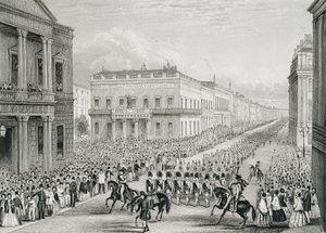 Procesja pogrzebowa Wellingtona przechodząca przez Senior United Service Club, Pall Mall autorstwa Thomas Hosmer Shepherd